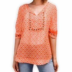 Women Orange Chiffon Sheer Geometric Blouse Top L Boho Flowy Summer Casual NEW